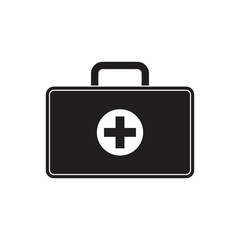 Black silhouette of a first aid kit with a medical cross, isolated on white background.