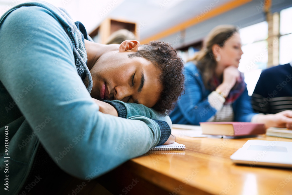 Aufkleber man, student and sleep in library with group, burnout and tired with books, tech and education at co