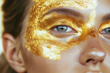 Fototapeta premium Golden paint close-up on woman's face - artistic beauty and elegance for spring design