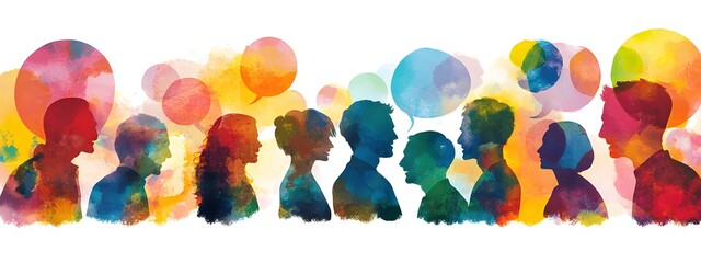 A group of people standing in front, with colorful speech bubbles above their heads in different colors and shapes