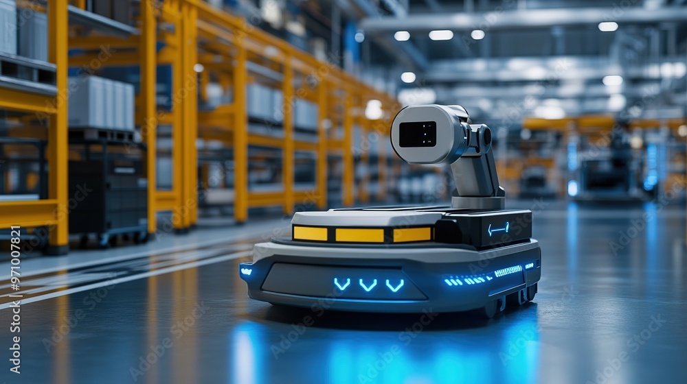 Poster autonomous vehicles and robotics in a fully automated smart factory.
