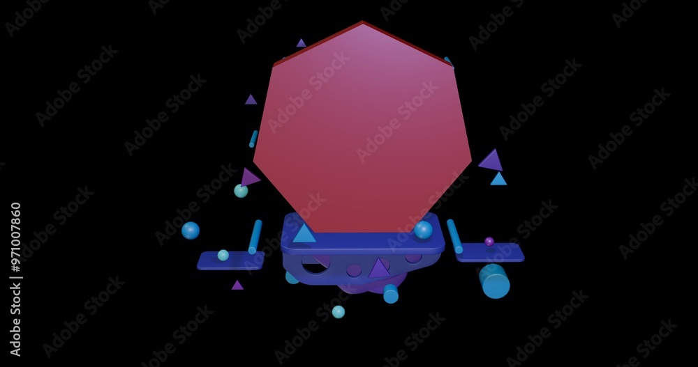 Poster red heptagon symbol on a pedestal of abstract geometric shapes floating in the air. abstract concept