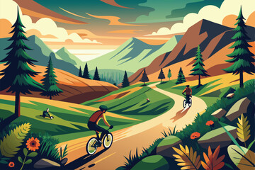 mountain biking trail with cyclists on dirt path, lush hills, and rocky terrain