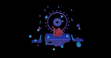 Red chart down symbol on a pedestal of abstract geometric shapes floating in the air. Abstract concept art with flying shapes in the center. 3d illustration on black background