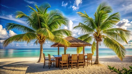 Fototapeta premium Tropical beach bar with cozy seating area and palm tree on sandy shore, beach, bar, tropical, relaxing, seating, palm tree