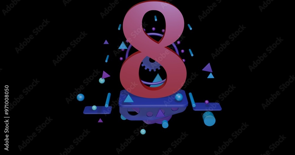 Aufkleber red number eight symbol on a pedestal of abstract geometric shapes floating in the air. abstract con