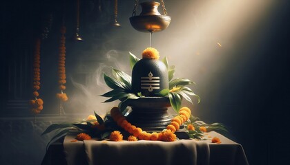 Sacred Shivling with Flowers and Brass Pot in Temple
