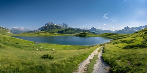 Obraz premium A green hills with water and mountains in the background