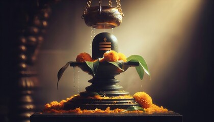 Sacred Shivling with Flowers and Brass Pot in Temple