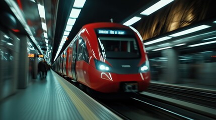 High-speed red subway train in motion through urban station