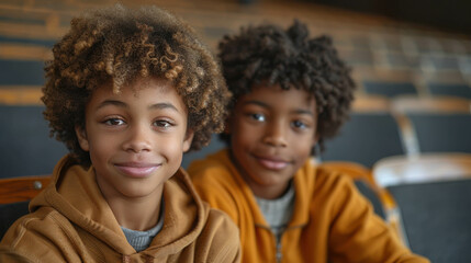 Two young boys with curly hair are smiling at the camera. They are wearing orange jackets and sitting on chairs