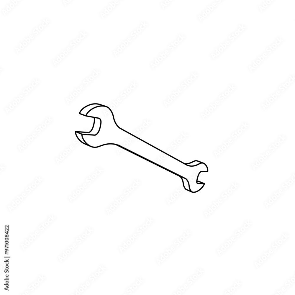 Poster the outline of a large wrench symbol is made with black lines. 3d view of the object in perspective.