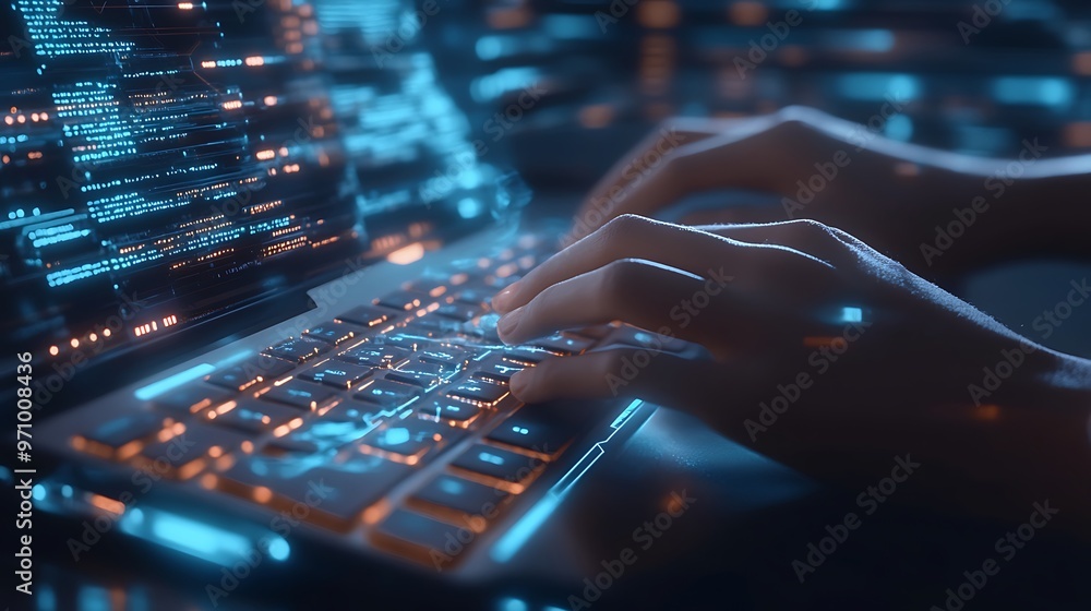 Poster Hands Typing on a Laptop with Glowing Keys and Code on the Screen
