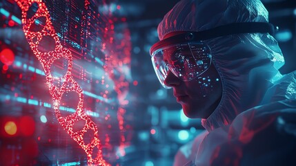 Scientist in a lab, analyzing digital DNA strands and data in a high-tech, futuristic research environment.