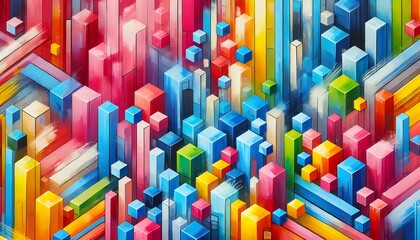 Fototapeta premium A vibrant, 3D cityscape made of colorful pixel blocks, creating an abstract digital world full of energy and depth.