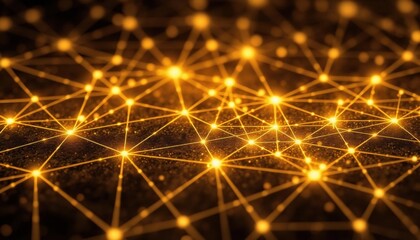 Fototapeta premium Abstract golden network connections with glowing nodes and lines, representing blockchain, data, and digital communication.