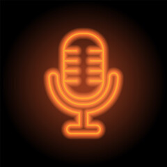 Microphone vector simple icon. Flat design. Orange neon on black background