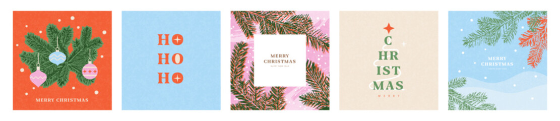 Merry Christmas and Happy new year set of greeting cards. Retro Xmas art design with fir branches, Christmas tree balls and snowflakes. Postcard, poster, flyer, mock up, cover in simple flat style.