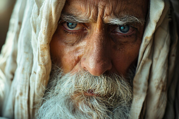 Moses Christian Jewish Israeli leader, holy bearded man, close-up. The gray-haired messiah of the desert, the founder of Christianity.