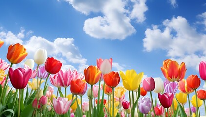 A group of colorful flowers with blue sky