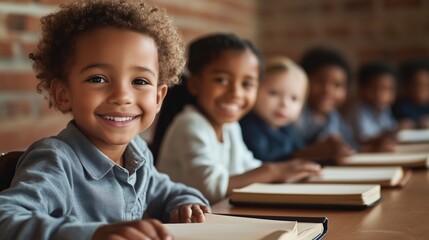 Joyful learning: diverse schoolchildren engaging in classroom activities for education posters