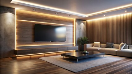 Fototapeta premium LED-backlit TV wall in modern media room, technology, entertainment, television, interior design
