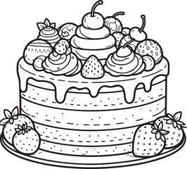 A cake lineart coloring book illustration for kids