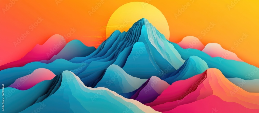 Poster abstract mountain shaped background with a papercut style surreal terrain illustration featuring vib