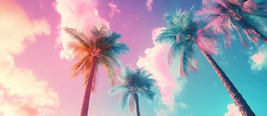 Colorful palm trees set against a surreal sky in a vertical 2d illustration A pastel colored concept for summer travel and beach parties featuring ample blank space