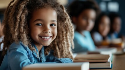 Joyful school life: smiling child with classmates in cheerful learning environment