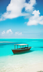 Fototapeta premium Tropical island with wooden boat on turquoise water under blue sky