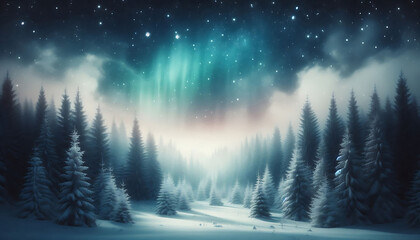Fototapeta premium Winter landscape featuring a dense forest of snow covered pine trees under a night sky with stars