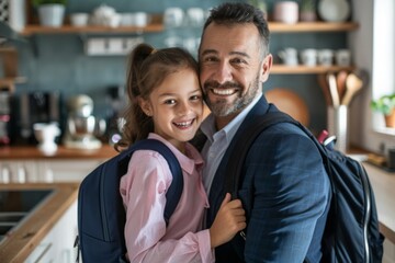 portrait of happy father in suit holding daughter in school uniform with backpack on hands in kitchen, back to school concept