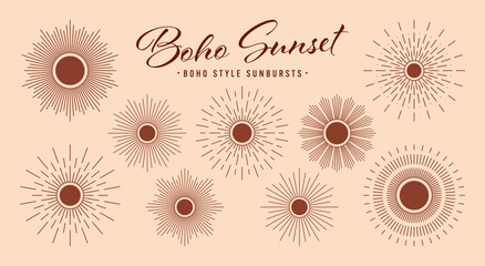 Vintage sunburst, sunset beams collection. Boho style, modern minimalist bohemian design. Hand drawn bursting sun, light rays. Logotype or lettering design element in retro style. Vector illustration