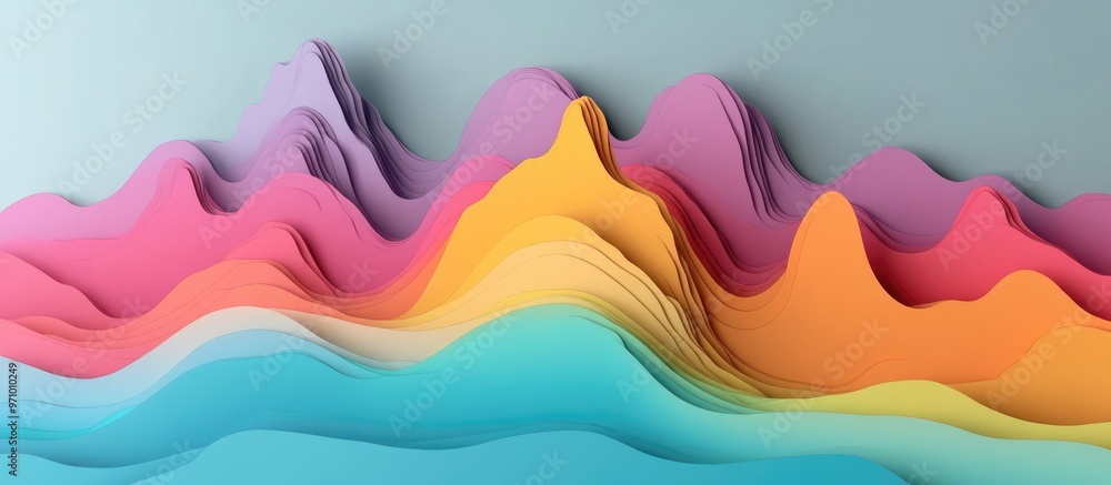 Poster abstract mountain shaped backdrop featuring a surreal terrain in a papercut style colorful equalizer