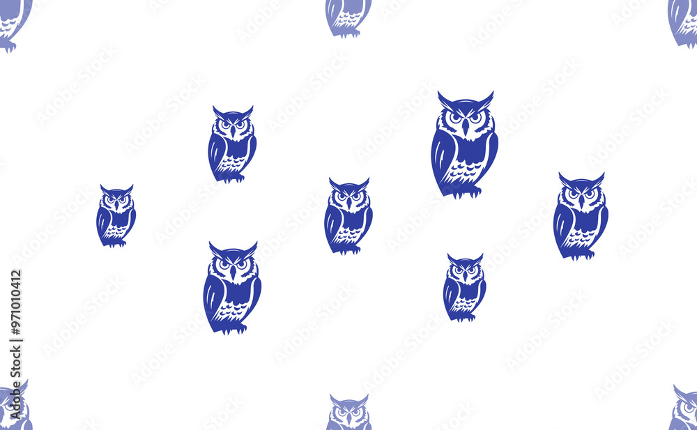 Poster seamless pattern of large isolated blue owl symbols. the pattern is divided by a line of elements of