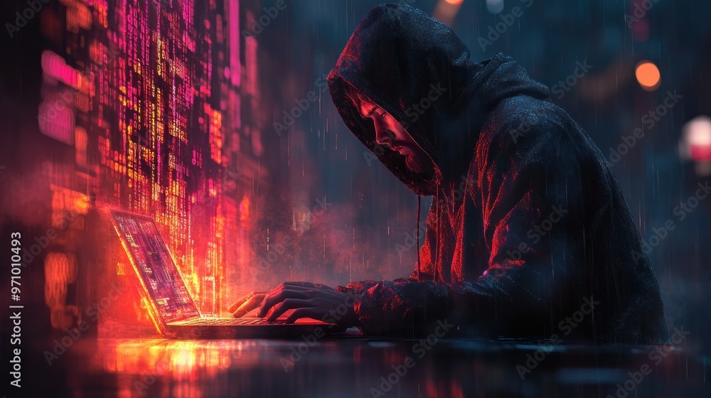 Aufkleber mysterious hacker in rain