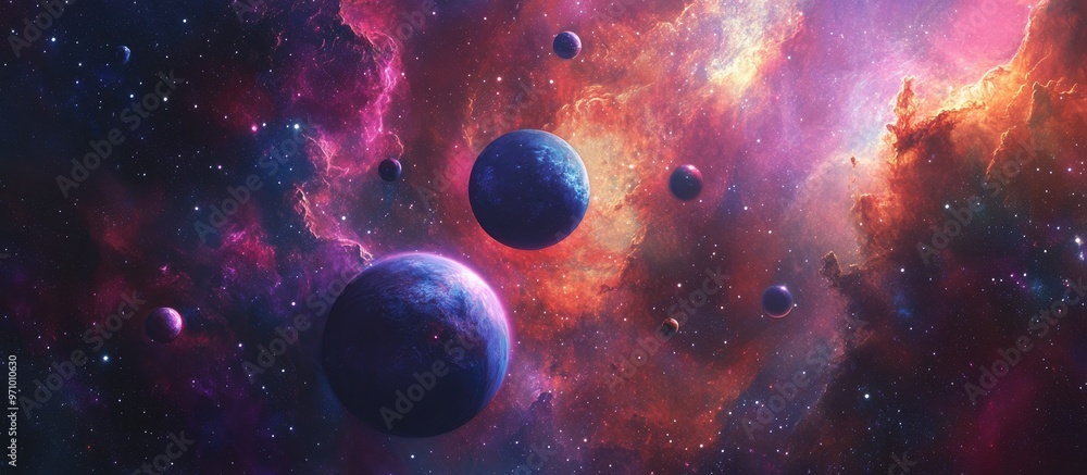 Poster panoramic view of multiple planets set against a vibrant cloudy nebula filled with stars