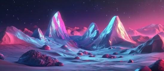 3D rendered fantasy landscape featuring metallic rocks in a vibrant imaginative setting