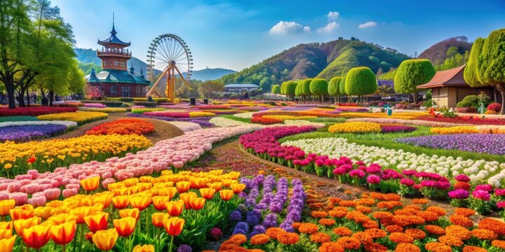 Vibrant field of blooming flowers in Everland, South Korea, Flowers, Everland, South Korea, vibrant, colorful, nature