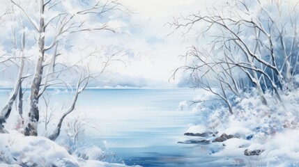 Serene Winter Landscape with Snow-Covered Trees and Tranquil Frozen Lake, River