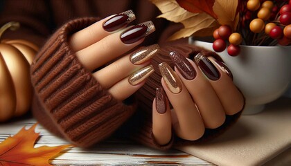 a hand with manicured nails in shades of brown and gold glitter, resting on a knitted sleeve, with autumn leaves and berries in the background.