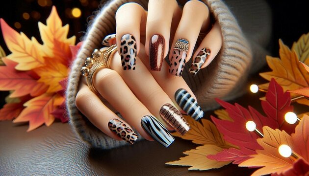 a hand with detailed and stylized nail art, adorned with multiple rings, against a backdrop of autumn leaves and warm bokeh lights.