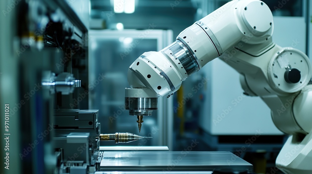 Poster cnc machines and robotic arms used in precision engineering.