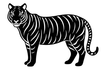 Hand drawn tiger in a minimal linocut style. 4k silhouette black color