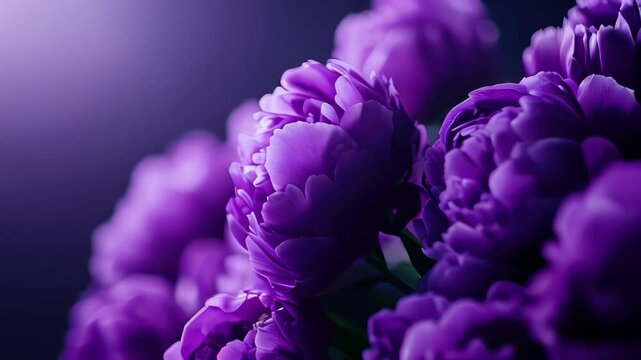 Vibrant purple peonies bloom gracefully in soft light, showcasing their intricate layers in a serene atmosphere