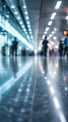 Modern airport terminal with blurred passengers and reflected lights for travel design
