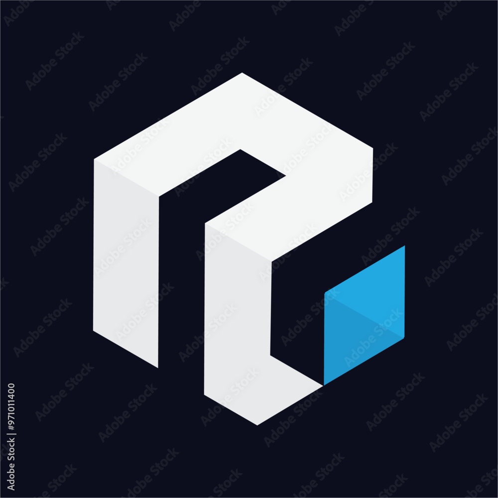Poster a simple flat logo design of hexagonal shape in white and blue color on a black background