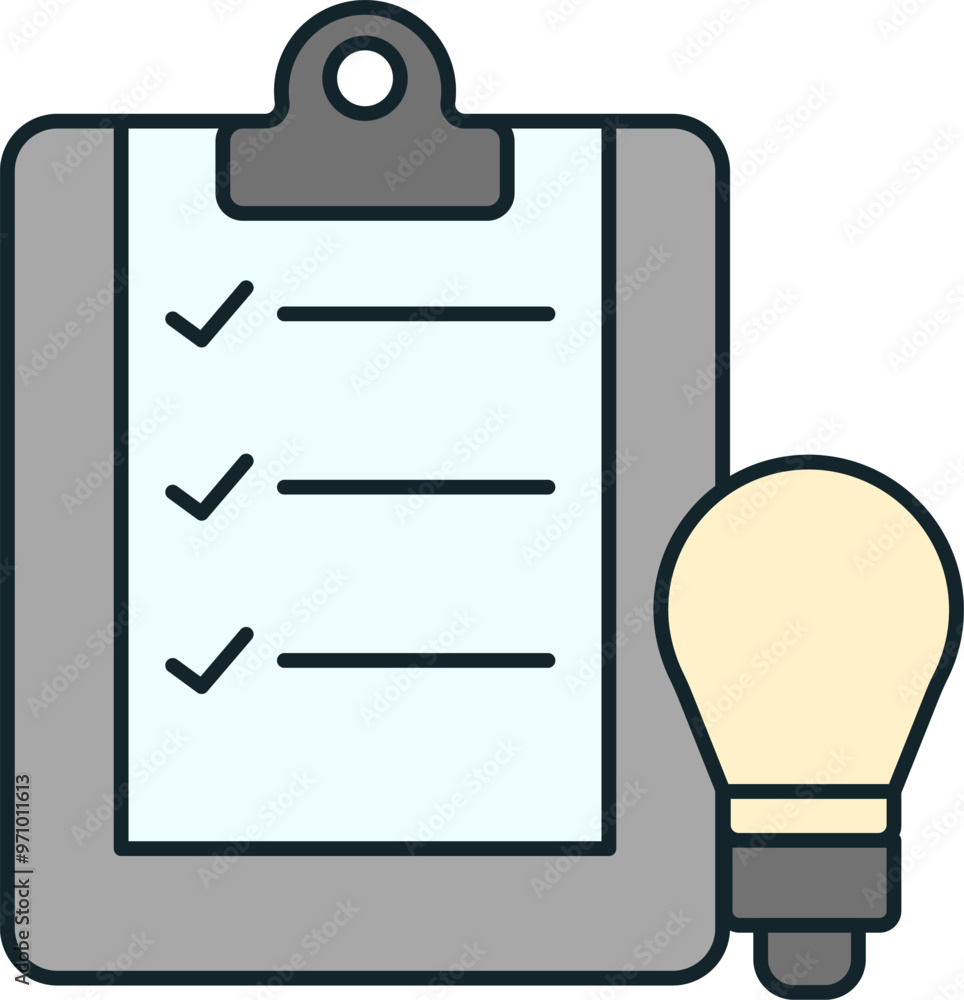 Poster businessman completing tasks efficiently filling checklist with light bulb representing brilliant id