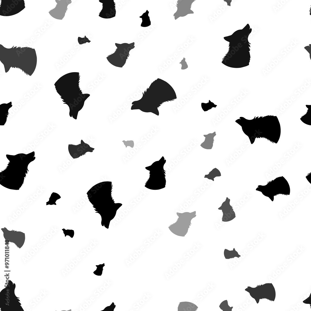 Poster seamless vector pattern with wolf head symbols, creating a creative monochrome background with rotat